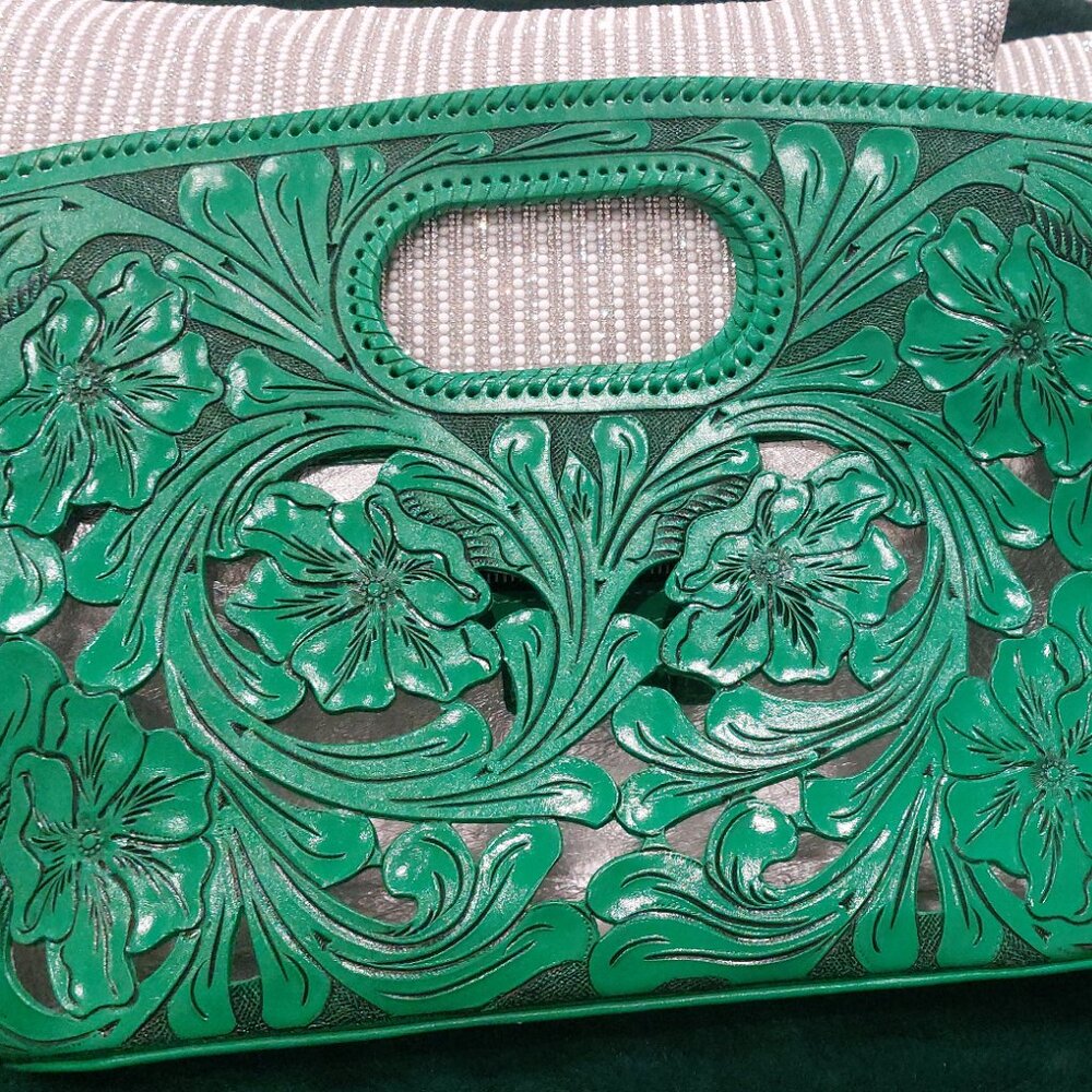 Leather hand carved purse green origenes brandname
